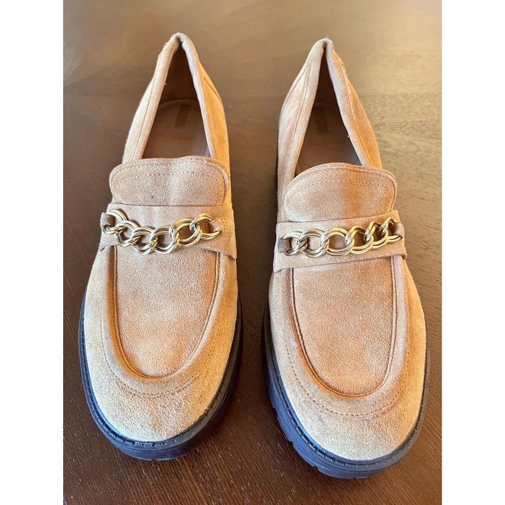 Sam Edelman Lea Loafers Womens 11 Brown Suede Gold Chain Lug Sole Platform